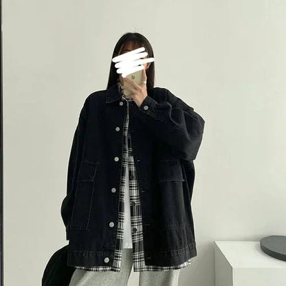Black Loose Single Breasted Denim Jacket