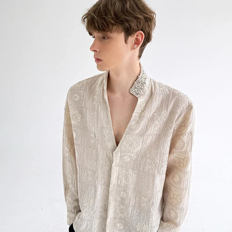 Luxury Pearl Patchwork Long Sleeve Shirt