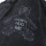 Streetwear Punk Bear Graphic Print Washed Oversized T-Shirt