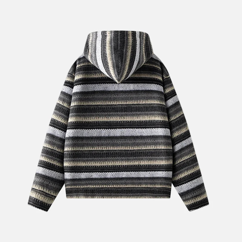 Stylish Striped Knit Hooded Zipper Cardigan