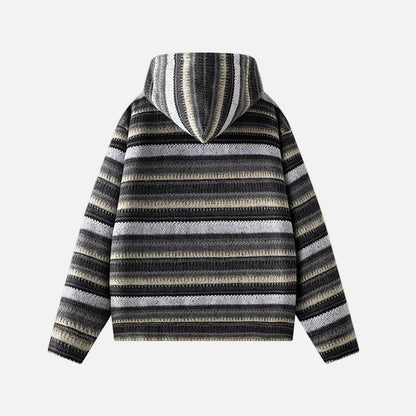 Stylish Striped Knit Hooded Zipper Cardigan