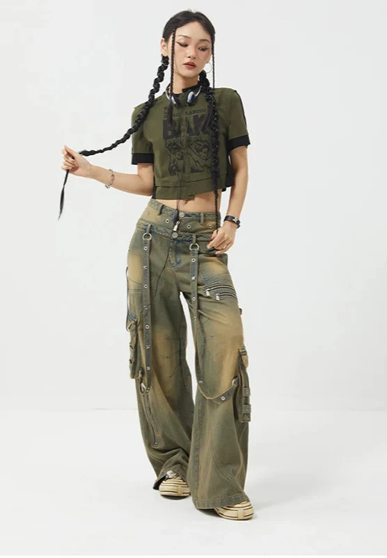 Streetwear Y2K Belted Vintage High Waist Straight Jeans