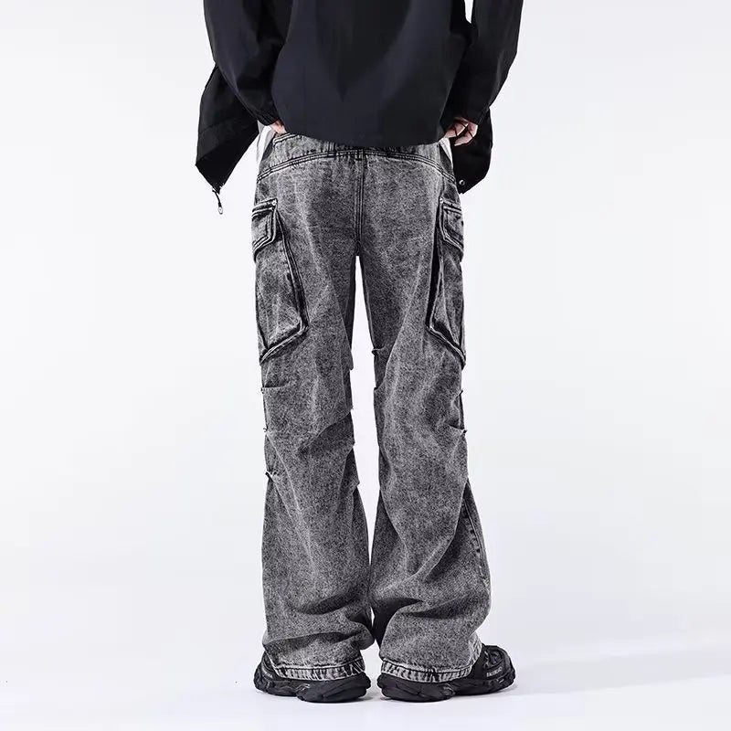 Minimal Look Gray Pleated Cargo Jeans