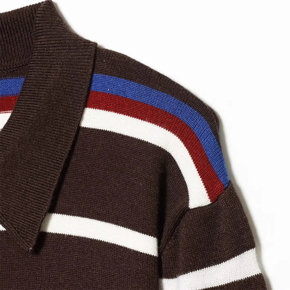 Academy Style Retro Striped Knit Polo Sweater