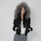 Cozy Patchwork Furry Zipper Hooded Sweatshirt