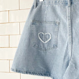 Denim Sky Blue Heart Embroidery Shorts
