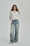 White Lace Pleated Round Neck T-Shirt