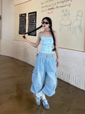 Chic Striped Heart Embroidery Cargo Denim Jorts