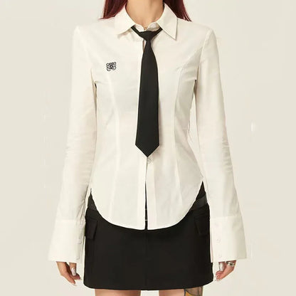 Women Stylish Trendy White Slim Fit Tie Shirt