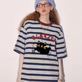 Women Retro Hip Hop Stylish Black Cat Print Striped T-Shirt