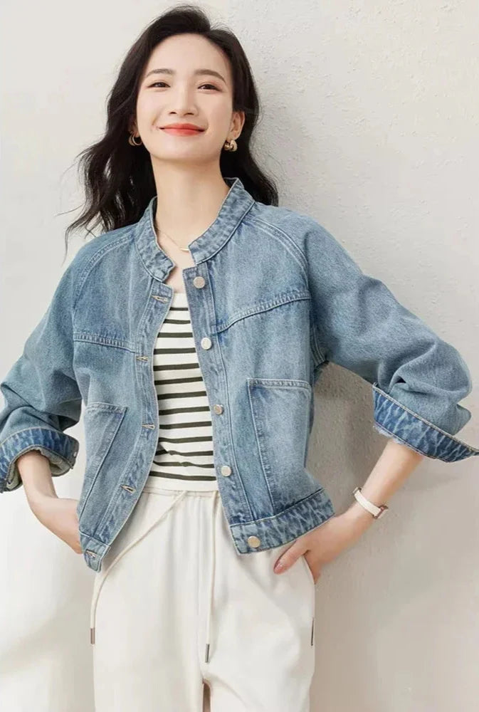 Stylish Stand Collar Denim Jacket Jeans