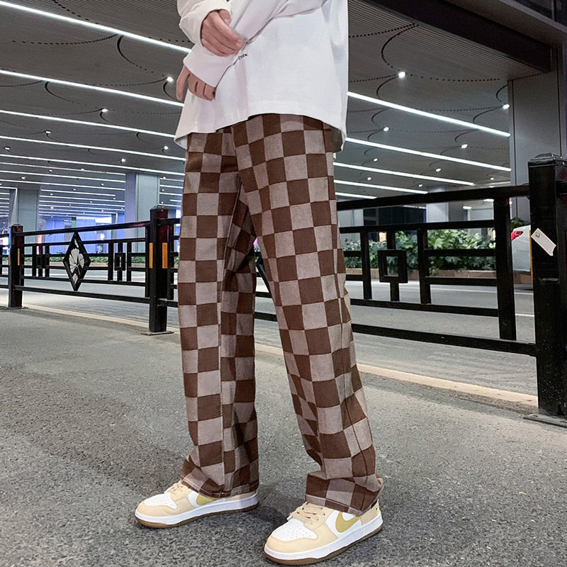 Brown Plaid-Allover Denim Jeans