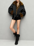 Leopard Spliced Lapel Faux Fur Belted Jacket