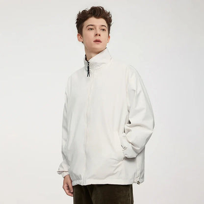 Model wearing the khaki Minimalist Zip-Up Jacket 