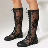 Elegant Lace-Up Sheer Floral Knee-High Boots