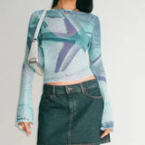 Women Blue Flare Sleeve Crop T-Shirt