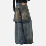 Durable Ripped Fake Two Piece Wide Leg Jeans