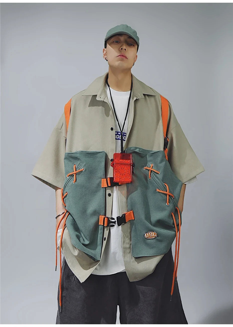 Vintage Patchwork Cargo Short Sleeve Shirt