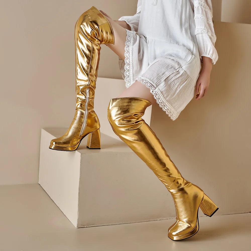 Winter Block High Heels Metallic Zipper Boots