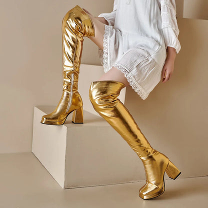Winter Block High Heels Metallic Zipper Boots