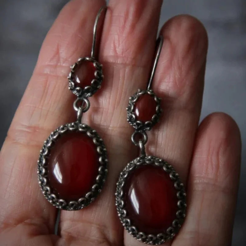 Red Zircon Inlaid Oval Drop Earring