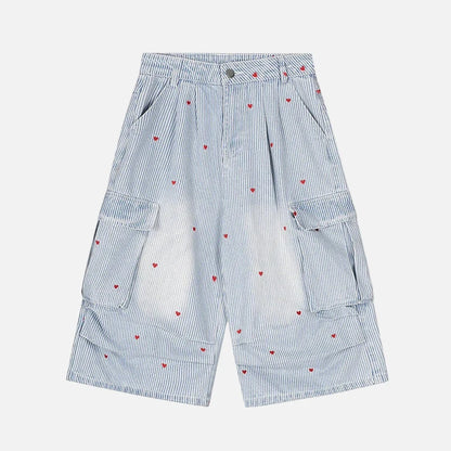 Chic Striped Heart Embroidery Cargo Denim Jorts