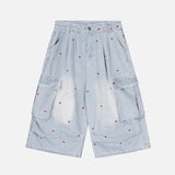 Chic Striped Heart Embroidery Cargo Denim Jorts