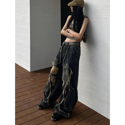 Y2K Women Vintage Blue Gothic Cargo Denim Jeans