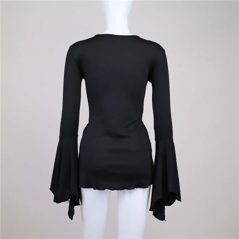 Gothic Flare Sleeve V-Neck Blouses T-Shirt