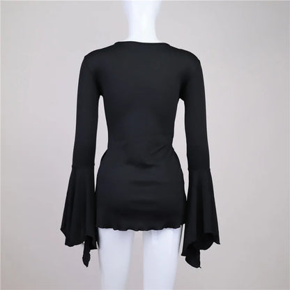 Gothic Flare Sleeve V-Neck Blouses T-Shirt