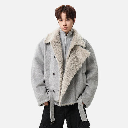 Soft Korean Faux Fur Patchwork Belt Jacket