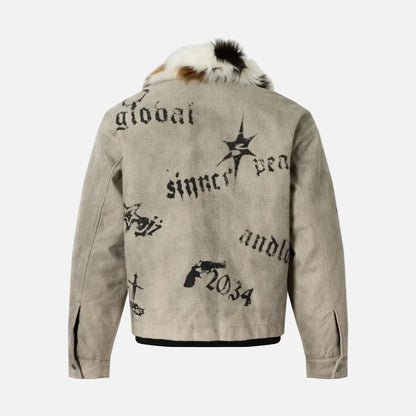 Vintage Distressed Quilted Letter Print Jacket