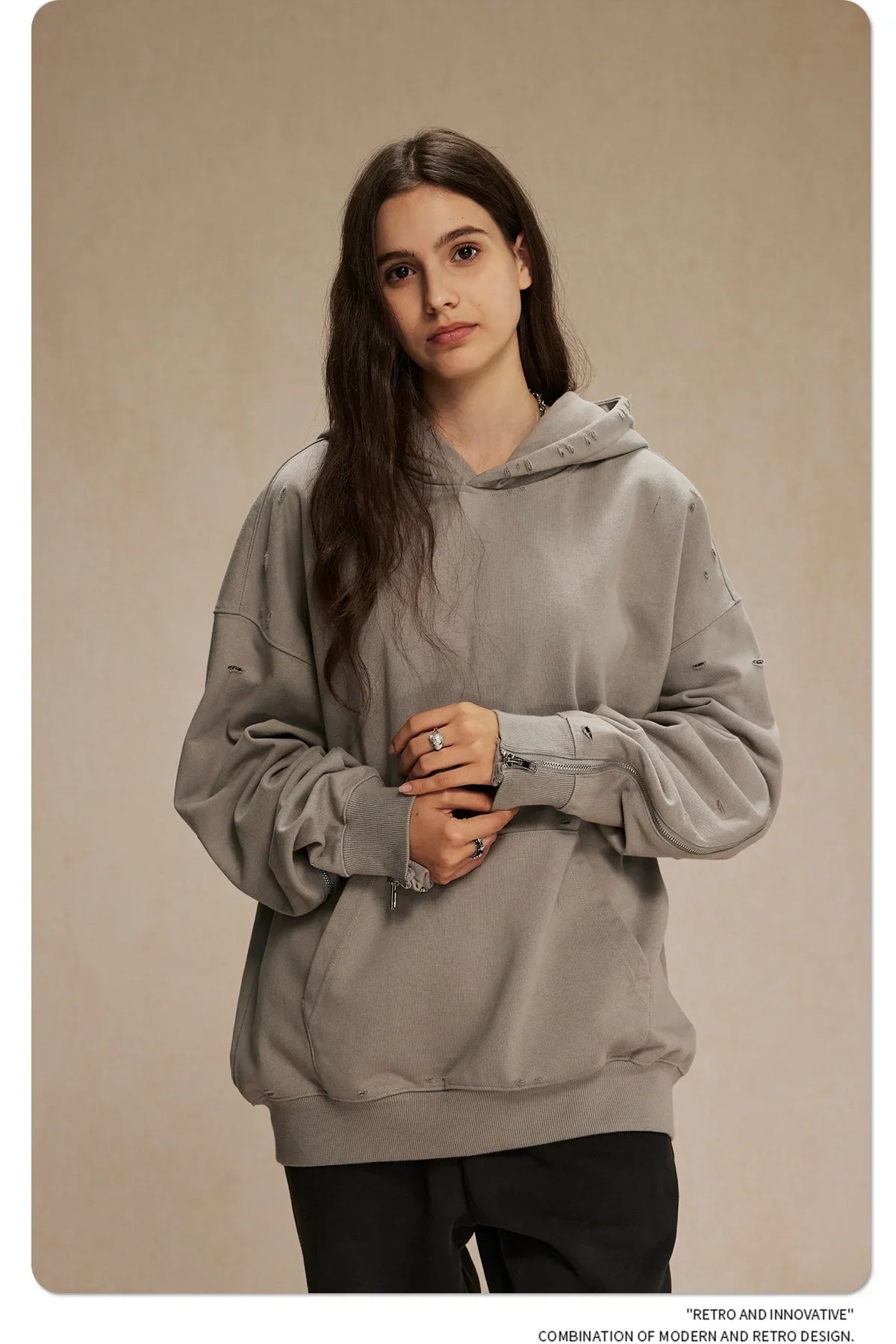 Frayed Woolen Zip-Up Hoodie Sweatshirt