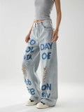 American Style Oversize Ripped Printed Blue Denim Jeans