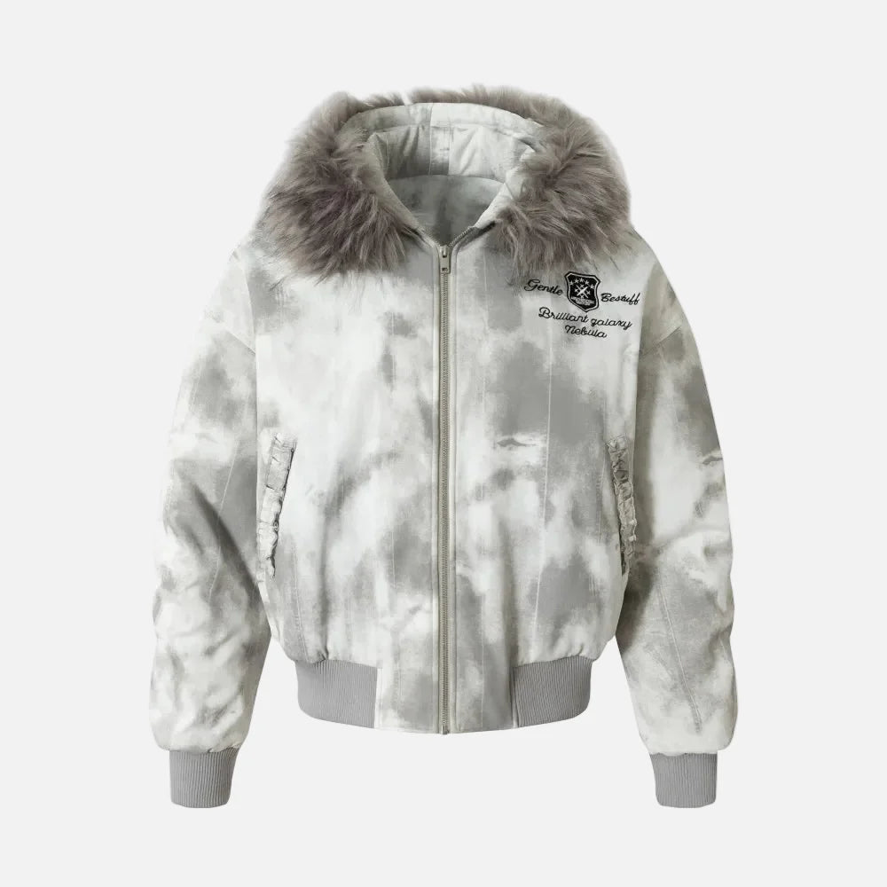 High Street Distressed Quilted Fur Hooded Jacket