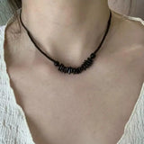 Black Stone Pendant Hand-Woven Rope Necklace