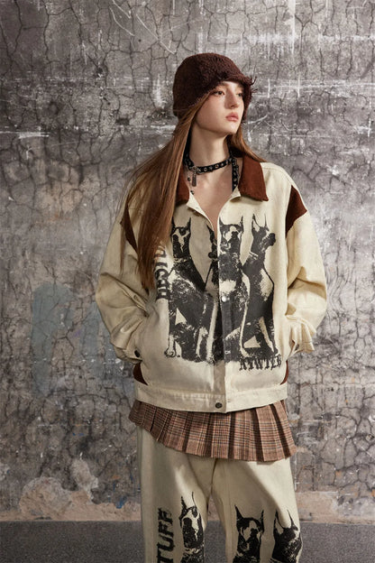 Cozy Distressed Dog Head Graffiti Lapel Jacket