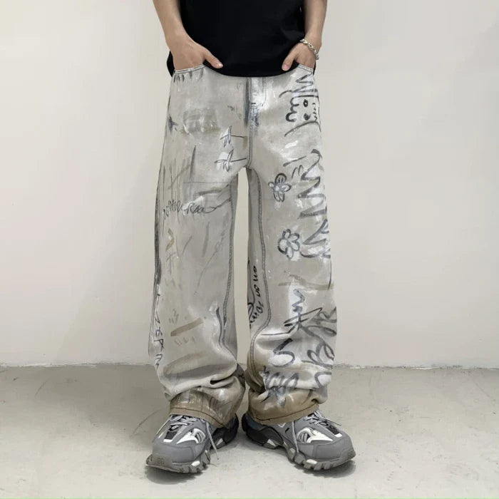 Graffiti Print Loose Fit Wide Jeans