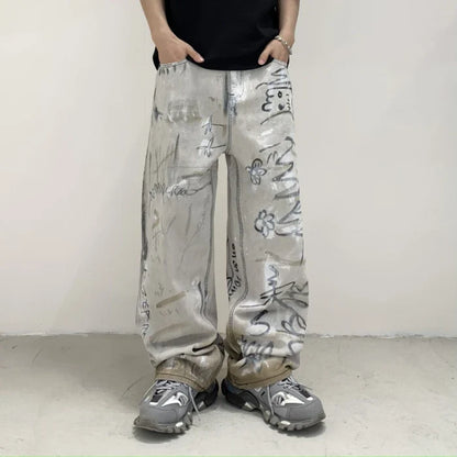 Graffiti Print Loose Fit Wide Jeans