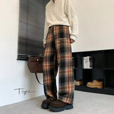 American Style Plaid Drape Straight Leg Pants
