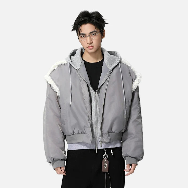 Stylish Patchwork Frayed Hooded Baseball Jacket