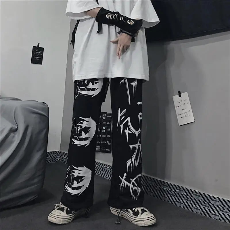 Y2K Japanese Anime Printed Black Pants
