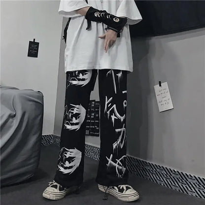 Y2K Japanese Anime Printed Black Pants