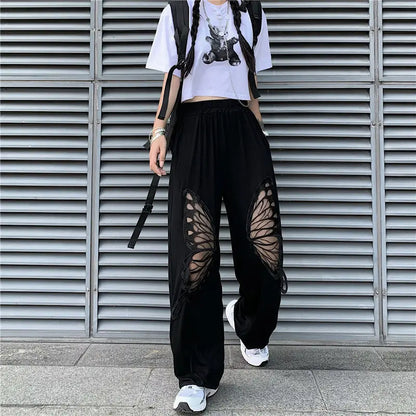 Hallowed-out Butterfly Black Women's Pants