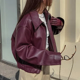 Women Retro Motorcycle Style Red Leather Jacket
