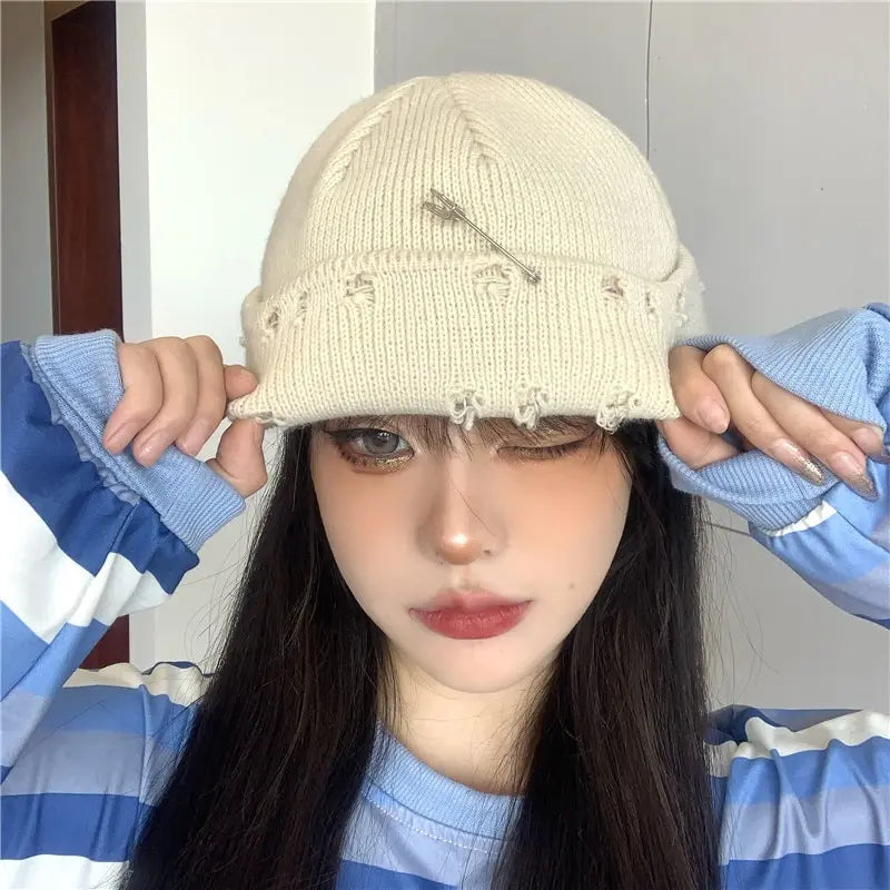 Y2K Knitted Ripped Pierced Beanie