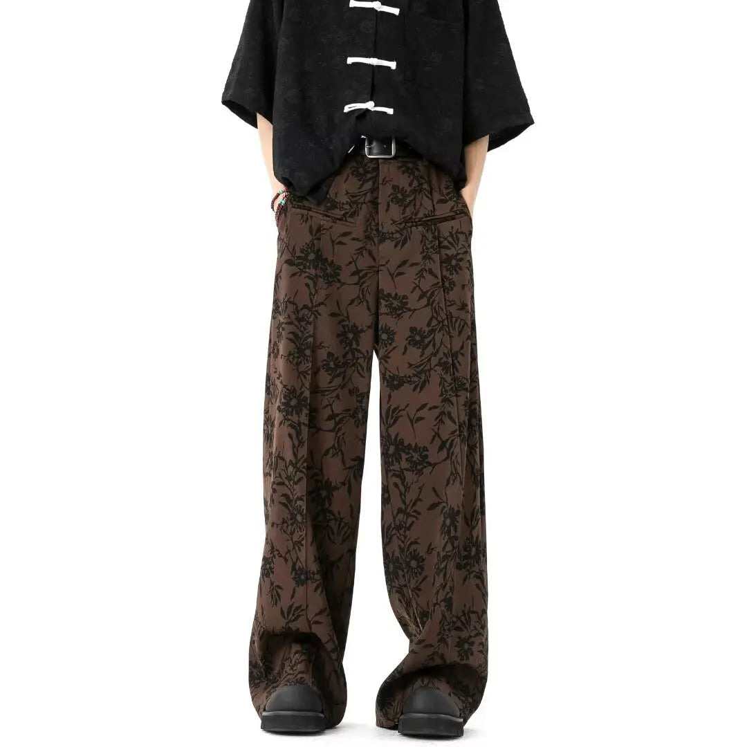 Retro Japanese Style Printed Wide Leg Pants