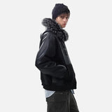 Gothic Letter Faux Fur Hooded Leather Jacket