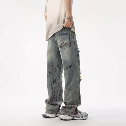 Sporty Edge Graffiti Loose Straight Retro Jeans