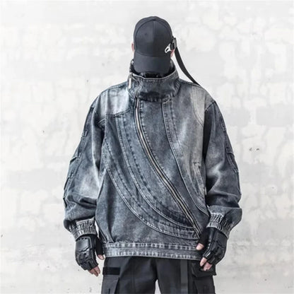 Blue Irregular Zipper Denim Jacket